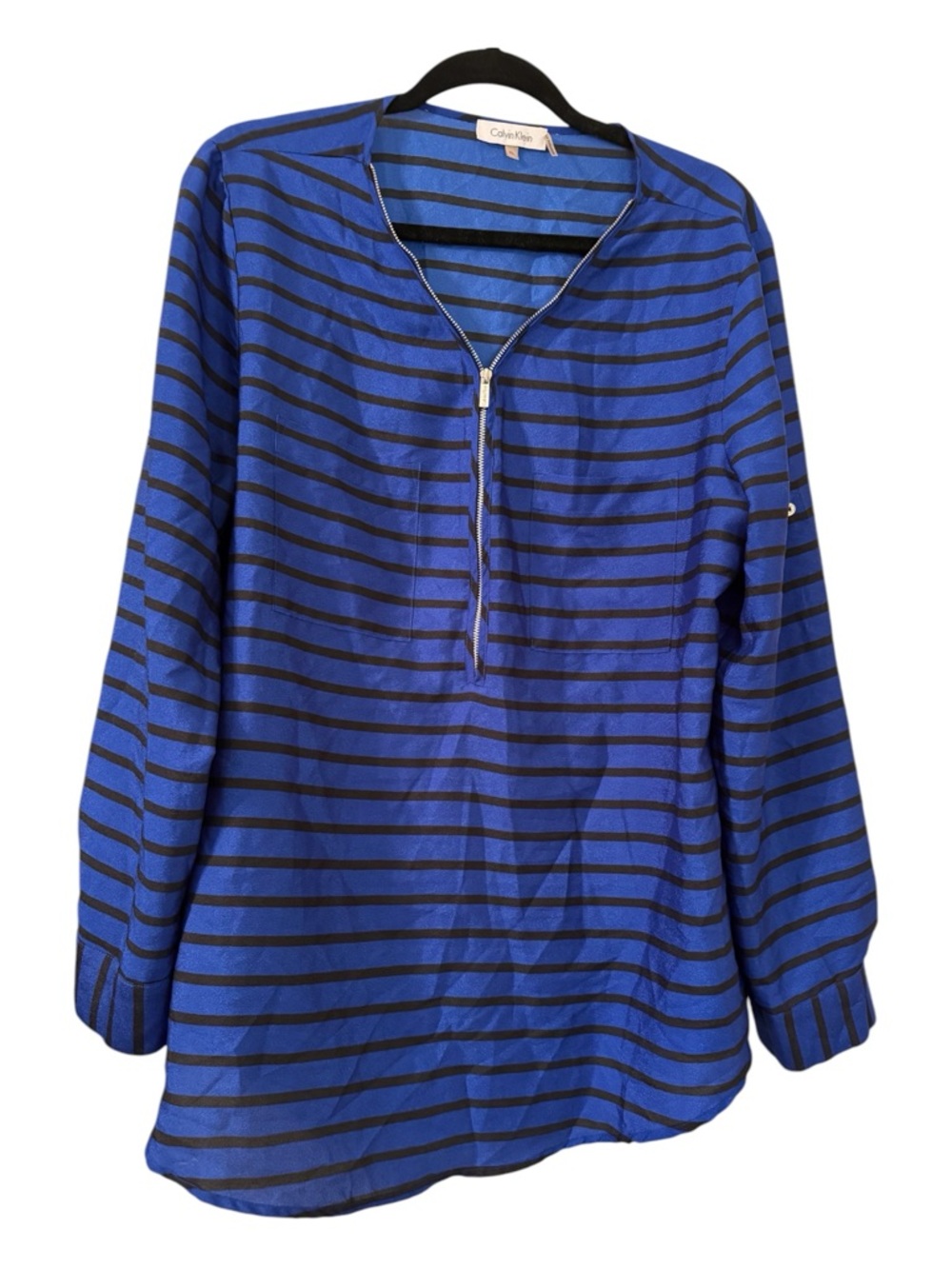 Calvin Klein Blue Black Striped Zip Front Blouse XL Roll Tab Sleeve Career Top